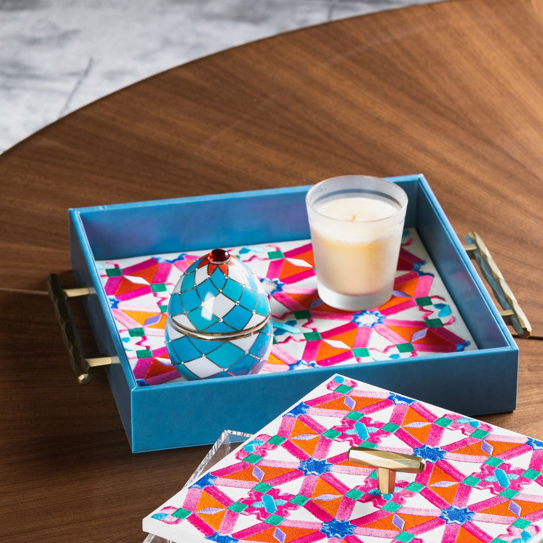 Pink & Blue Oriental Tray With Handles - Image 2